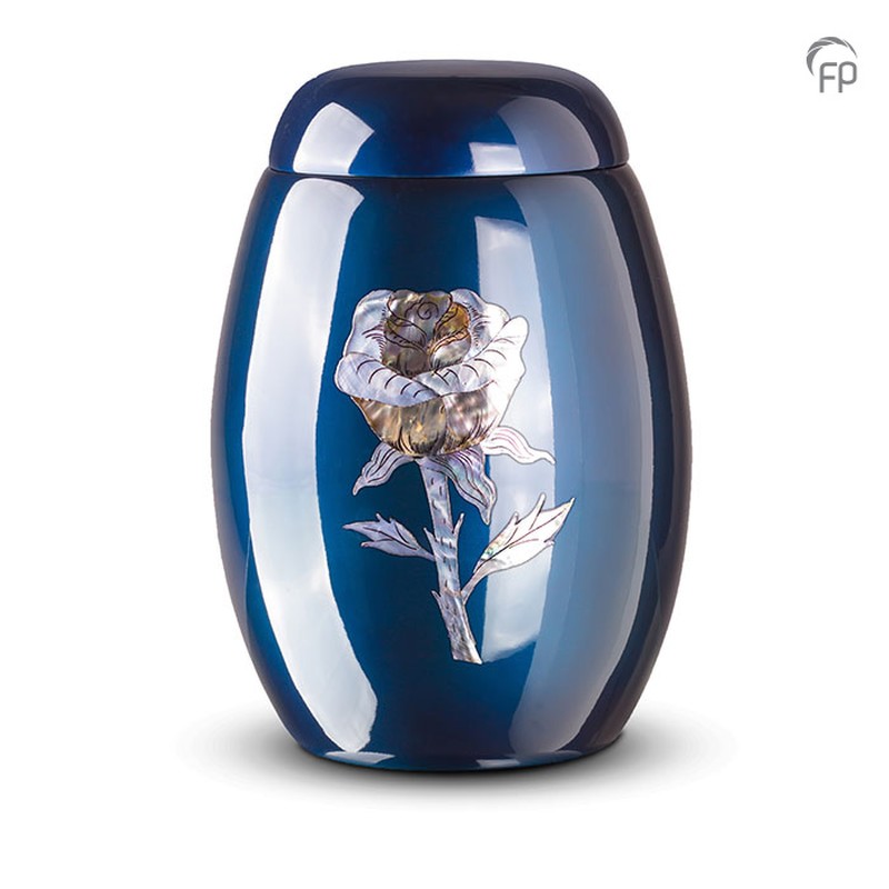 Urn glasfiber blauw met roos